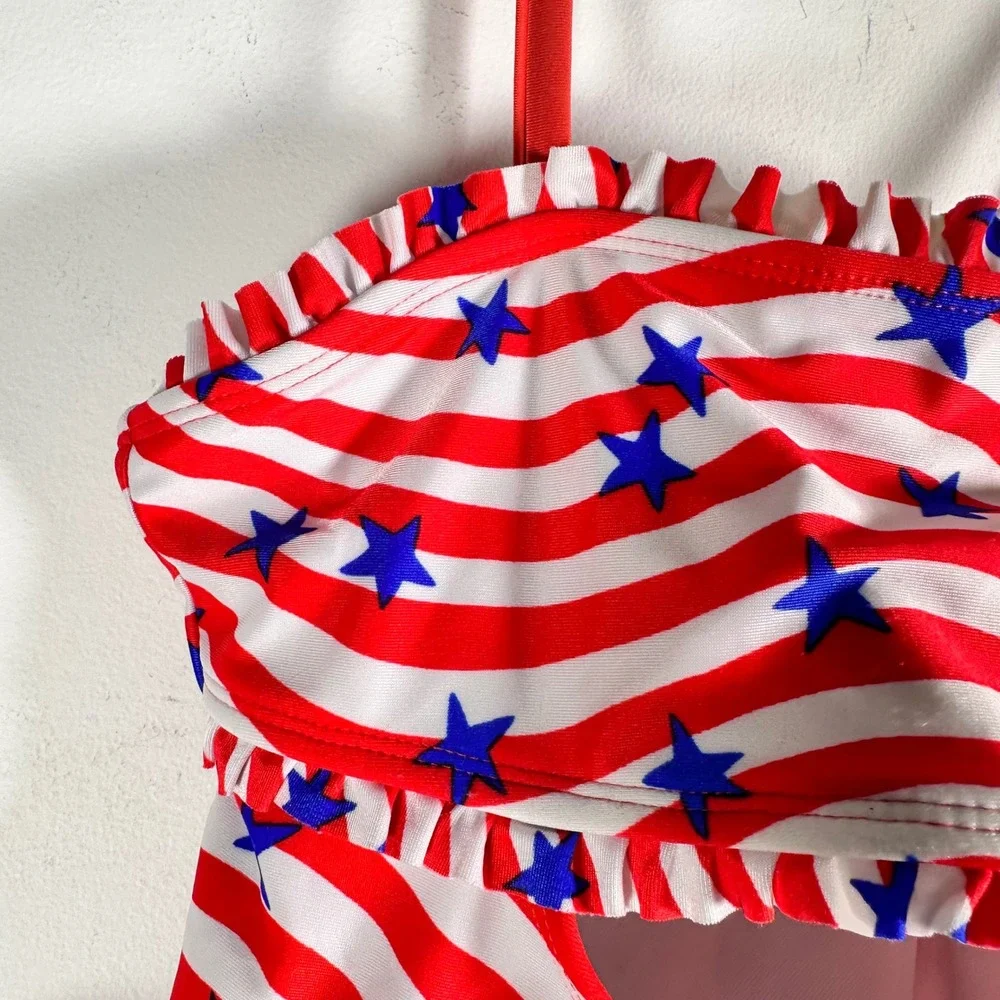 Cat & Jack Girls M 8 Patriotic Stars Stripes One Piece Swimsuit Cutout Ruffle
